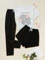 Slogan And Elephant Pattern Tee & Bow Front Shorts & Pants PJ Set