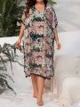 SHEIN Swim Vcay Plus Size Random Floral Print Batwing Sleeve Cover Up