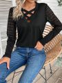 Cross V-Neck Lace Long-Sleeve T-Shirt