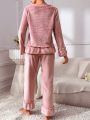 Contrast Lace Ruffle Trim Flounce Sleeve Bow Front Flannelette PJ Set