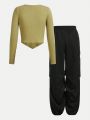 SHEIN Teenager's Knit Ribbed Star Pattern T-shirt And Pleated Cargo Pants Set
