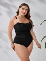 SHEIN Swim Classy Plus Size Women's One-piece Swimsuit With Pearl Button Decoration And Ruching Detail