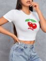 SHEIN PETITE Cherry Graphic Short Sleeve T-shirt