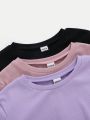 SHEIN Kids EVRYDAY Teenage Girls' Knitted Solid Slim Fit Round Neck Casual T-Shirt, Pack Of 3