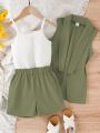 SHEIN Kids FANZEY Teenage Girls' Shawl Collar Sleeveless Jacket, Cami Top And Shorts 3pcs/Set