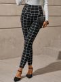 EMERY ROSE Women's Slim Fit Grid Pattern Printed Long Pants