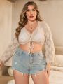 SHEIN Swim BohoFeel Plus Size Knitted Crochet Drawstring Short Kimono