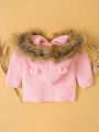 Baby Girl Fuzzy Trim Double Breasted Hooded Cardigan