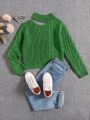 Big Girls' Knitted Sweater With Asymmetric Collar And Twisted Flower Detail, Solid Color