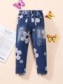 Little Girls' Everyday Cute Flower Printed Stretchy Skinny Jeans For Casual Wear