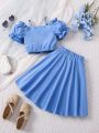 SHEIN Kids CHARMNG 2pcs/Set Spring/Summer Romantic One Shoulder Bubble Sleeve Crop Top And A-Line Skirt Outfit For Young Girls