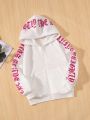 SHEIN Kids EVRYDAY Tween Girl Letter Graphic Contrast Side Seam Raglan Sleeve Hoodie