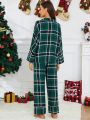 Plaid Print Drop Shoulder Blouse & Pants PJ Set