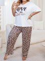 Plus Size Women'S Slogan Printed Short Sleeve And Leopard Print Pants Casual Pajama Set