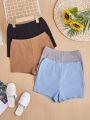SHEIN Kids EVRYDAY Tween Girls' Knitted Solid Color Slim Fit Casual Shorts 4pcs Set