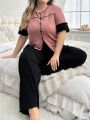 Women'S Plus Size Contrast Color Button Detail Top And Solid Wide-Leg Pants Pajama Set