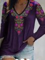 Plus Size Women's Paisley Printed Long Sleeve T-Shirt