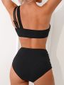 SHEIN Swim BAE One Shoulder Ribbed Knit Ruched Bikini Swimsuit Set