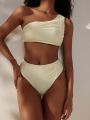 SHEIN Swim Vcay Ladies' Solid Color Ruffled Asymmetric One Shoulder Bikini Swimsuit Set