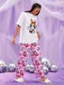 THE POWERPUFF GIRLS X SHEIN Cartoon Graphic Drop Shoulder Tee & Pants PJ Set