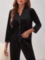 Contrast Lace Trim Velvet PJ Set