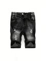 Boys' Stretchy Distressed Denim Shorts, Knee-length, Casual Style