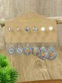 36pairs Bohemian Style Antique Silver Geometric Shaped Alloy & Multicolor Beaded Drop Earrings Set For Women