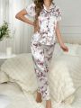 Imitation Silk Floral Print Pajama Set With Lace Trim