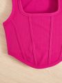 SHEIN Kids EVRYDAY Tween Girls' Knitted Solid Color Square Neck Cami Top Set Of 3