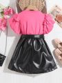 SHEIN Kids HYPEME Tween Girls' Ruffled Sleeve Round Neck Top And Pu Leather Mini Skirt 2pcs/Set