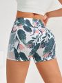 Daily&Casual Flower Print Casual Mesh Yoga Shorts With Phone Pocket