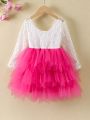 SHEIN Kids CHARMNG Young Girl Color Block Splicing Lace & Multi Layer Mesh Hem Dress