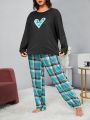 Large Size Love Printed Top And Plaid Trousers Home Wear Set