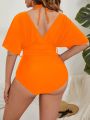 Plus Solid Belted One Piece Swimsuit With Short Sleeve