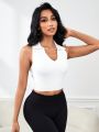 Seamless Short Cropped Sports Tank Top With Foldover Collar