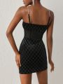 Leslie Samano Rhinestone Detail Mesh Insert Velvet Cami Dress