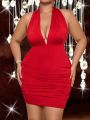 SHEIN SXY Plus Size Deep V-Neck Halter Backless Dress