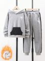 Teenagers' Thickened Fleece Lined Sweatshirt And Pants Set For Autumn/Winter