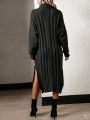 SHEIN LUNE Cable Knit Drop Shoulder Split Hem Sweater Dress