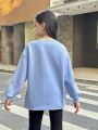 SHEIN Girls' Cute & Cool Knitted Printed Pattern Round Neck Pullover Sweatshirt With Long Sleeves