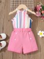 Baby Girl Striped Halter Top And Double-Breasted Shorts Set