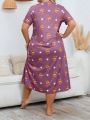 Plus Size Women's Short Sleeve Sleep Dress With Cartoon Bear Print