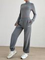 SHEIN EZwear Monogrammed Long-Sleeved Bodysuit And Sweatpants Set