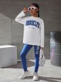 SHEIN Kids Cooltwn Teen Girls' Casual Letter Printed Round Neck Long Sleeve Top And Legging Set