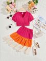 SHEIN Kids HYPEME Colorblock Puff Sleeve Crop Top & Ruffle Hem Skirt