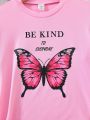 SHEIN Kids EVRYDAY Tween Girls' Slogan Butterfly Printed Short Sleeve T-Shirt And Denim Shorts Set