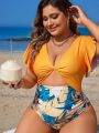 SHEIN Swim Vcay Plus Size Women's One-Piece Swimsuit With Twist Knot Butterfly Sleeves