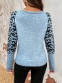 SHEIN Frenchy Leopard Print Patchwork Drop Shoulder Sweater