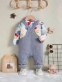 Baby Boys' Spring Cartoon Printed T-shirt And Denim Bear Embroidered Overalls