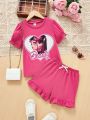 SHEIN Kids EVRYDAY Girls' Cartoon And Letter Printed T-Shirt And Shorts Set